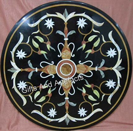 Gifts And Artefacts 36 x 36 Inches Elegant Look Dining Table Top for Home Furniture Decor Round Shape Black Marble Kitchen Table from Indian Vint