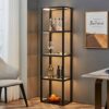 FENLO Fantasy Plus 66" Luxury Glass Display Shelf with Dimmable LED Floor Lamps, Sturdy Glass Shelves For Bedroom, Curio Cabinet with Glass Books