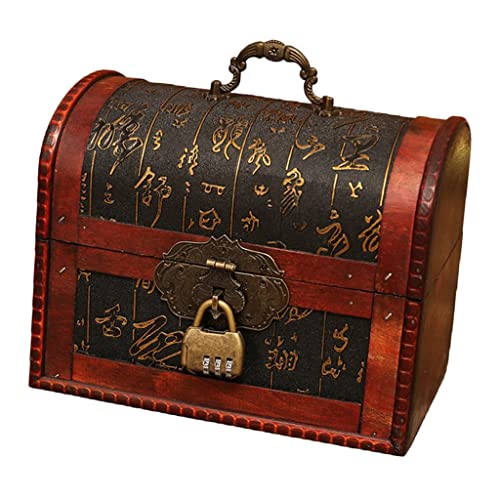 LSDJGDDE Portable Wood Distressed Treasure Chest Metal Password Storage Case Prop