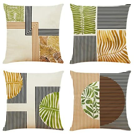 NIULAA Green and Yellow Cushion Covers 45 x 45 Set of 4 Modern Geometric Cushion Covers 18x18 Square Linen Cushions Pillow Covers for Sofa Outdoo