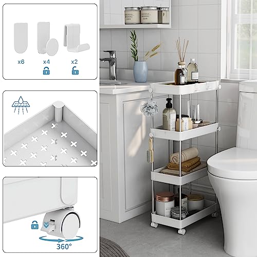 Meerveil Storage Trolley, 4-Tier Storage Rack with Wheels, Multifunctional Suitable for Office Kitchen Bathroom, W22 x D40 x H85cm, White