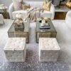 Inspire Me! Home Décor Genevieve Ottoman with Inset Faux Marble Tray Table Lid, Classy Sand Shell Soft Velvet, 43 x 43 x 43 cm, Glamorous Tufted