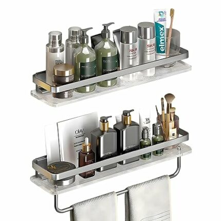 Santentre Shower Caddy Shelf Bathroom Set of 2, Acrylic Bathroom Shelves Wall Mounted with Metal Frame & Towel Bar, No Drilling Storage Shelves f