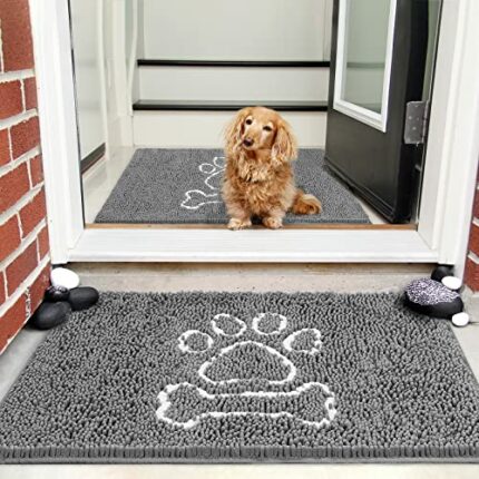 AROGAN Doormat Dog Chenille Doormats Indoor Entrance Grey, Pet Indoor Door Mats Washable for Mud Entry Indoor Busy Area Dogs Muddy Pawprints 30x4