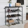 YBING Shoe Rack 4-Tier Shoe Organizer for Entryway 9-12 Pairs Shoe Storage Rack Freestanding Shoe Storage with 3 Metal Mesh Shelves and Wooden To