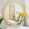 Ulike Round Rattan Mirror, 24 Inch Boho Circle Rattan Wall Mirror Natural Rattan Skin Wrapped Hanging Mirror Rattan Wooden Beads Art Decoration M