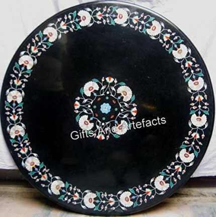 Gifts And Artefacts 42 x 42 Inches Floral Pattern Inlay Work Kitchen Table for Home Furniture Decor Round Black Marble Dining Table Top