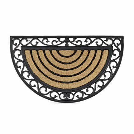 Relaxdays Coir Doormat Semi-Circle Rubber Floor Mat with Stripes and Floral Pattern, Weather-Proof Welcome Mat Anti-Slip for all Floor Types with