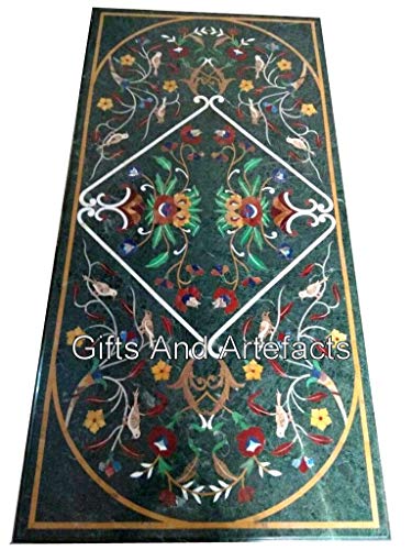 Gifts And Artefacts 24 x 60 Inches Semi Precious Gemstone Inlay Work Kitchen Table Top Rectangle Shape Green Marble Dining Table