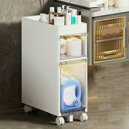 Small Bathroom Storage Cabinet, 4 Tier Narrow Bathroom Floor Cabinet Large Capacity with Plastic Drawers and Casters Slim Toilet Paper Storage Ca