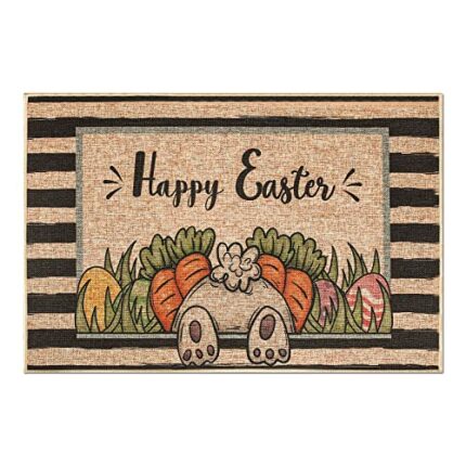 Whaline Happy Easter Doormat Rustic Bunny Carrot Farmhouse Floor Mat Black Stripes Rubber Anti-Slip Front Entrance Door Rug for Easter Holiday Sp
