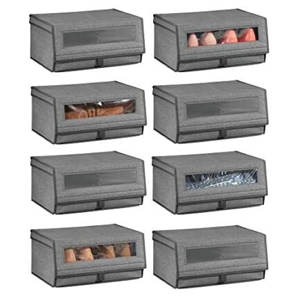 mDesign Set of 8 Shoe Storage Box – Large Fabric Shoe Box with Lid and Transparent Vinyl Window – Footwear Storage and Shoe Organiser Unit – Grey