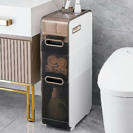 OPSREY Narrow Bathroom Storage Cabinet with Drawer, 4-Tier Large Capacity Tall Slim Bathroom Floor Cabinet with Plastic Drawers and Casters Verti