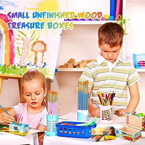 Chumia 48 Pcs Unfinished Wooden Box with 40 Paintbrushes Wood Treasure Chest Small Wooden Box DIY Wooden Boxes for Crafts Unpainted Chest Box for