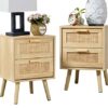 Finnhomy Bedside Table, Side Table with 2 Hand Made Rattan Decorated Drawers, Bedside Tables Set of 2, Wood Nigntstand, End Table with Storage fo