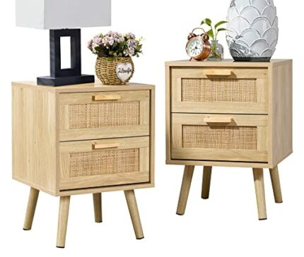 Finnhomy Bedside Table, Side Table with 2 Hand Made Rattan Decorated Drawers, Bedside Tables Set of 2, Wood Nigntstand, End Table with Storage fo