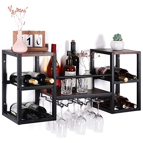 CRUDATE Hanging Wine Rack Wall Mounted, Floating Liquor Bottle Shelf with 3 Team Glass Holder Wine Shelf Bar Shelves Stemware Rack for Wall Wine
