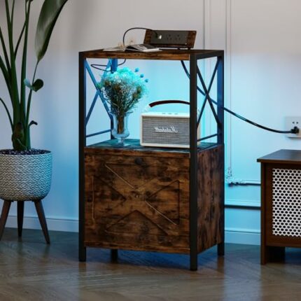 Homeiju nightstand with Charging Station and LED Light