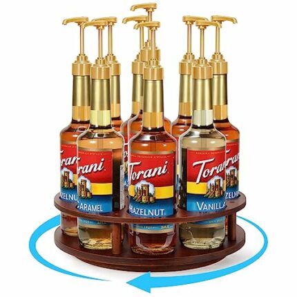 THYGIFTREE Rotating Coffee Syrup Organizer 9 Bottles Coffee Syrup Rack for Countertop Wood Syrup Bottle Holder Stand for Coffee Bar Station, Turn