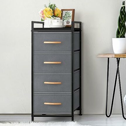 UOMIO Chest of Drawers for Bedroom Fabric Storage Tower Dresser with 4 Drawers Wooden Top and Steel Frame Organiser Unit for Closet Living Room H