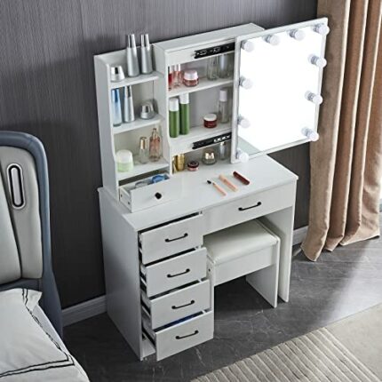 Modern Makeup Vanity Desk, Vanity Mirror with Lights and Table Set with Drawers, Vanity Table with Stool and Storage Shelves for Girls Bedroom St