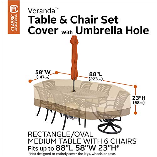 Classic Accessories Veranda Rect/Oval Garden Table & Chair Set Cover W/Umbrella Hole, Pebble/Bark/Earth (223cm, Medium)
