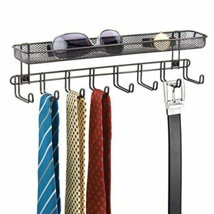 mDesign Coat Rack with Shelf for Storage - 8 Coat Hooks for use as a Jewellery Tree, Tie Rack or Belt Holder - Integrated Storage Basket for Wall