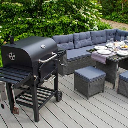 Rattan Garden Furniture 5 piece Corner Set 9 seater & XL BBQ Smoker Grill Sofa Stool Table Adjustable Charcoal Barbecue Trolley Thermometer Vent