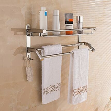 HONPHIER Towel Shelf Multi-Function Towel Rack with Storage Shelf SUS304 Stainless Steel Towel Holder Wall Mounted Bath Towel Rail Bar for Bathro