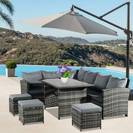 Rattan Garden Corner Sofa Set, Outdoor Furniture 9-Seater Table and Chairs Set Black Cushions With Rain and Dust Cover