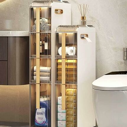 Bathroom Floor Cabinet 4-Tier Slim Toilet Paper Storage Cabinet Bathroom Waterproof Storage Cabinet Large Capacity Narrow Tall Slim Tower Waterpr