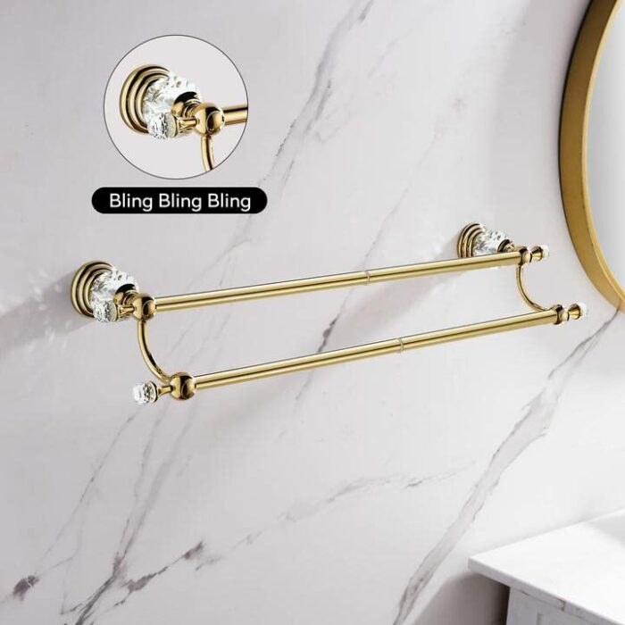 WINCASE Crystal Towel Holder Double, Adjustable Gold Towel Bar 18 to 30 Inch, Towel Rack Rail for Bathroom Wall Mounted