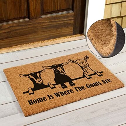 Funny Home is Where The Goats are Entryway Outdoor Floor Mat with Heavy-Duty PVC Backing Non Slip Cursive Natural Coconut Coir Brown Mat with Bla