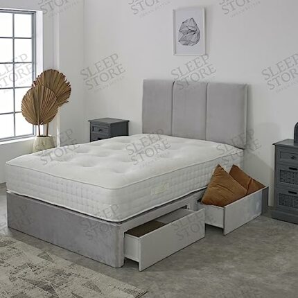 Trio Plush Divan Bed Set With Memory Orthopaedic Mattress & Matching 20" Headboard | Storage Drawers Available (Blue Plush, 4.6FT Double - 0 Draw