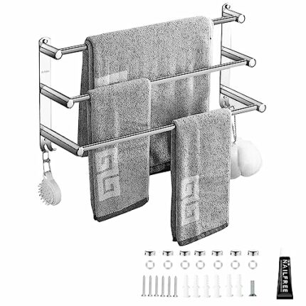 Stickerboy Adjustable Towel Rail Wall Mounted 3-Tier Bath Towel Rack SUS 304 Stainless Steel Towel Rail with Hooks Two Installation Methods for K
