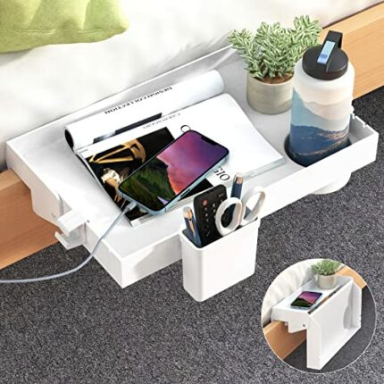 SOLEJAZZ Bedside Shelf for Bed, Foldable Bunk Bed Shelf Clip On Nightstand Tray College Dorm Room Table Caddy with Cup & Cord Holder for Top Bunk