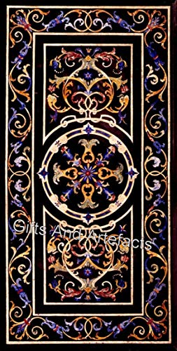 Gifts And Artefacts 30 x 48 Inches Gemstone Inlay Work Dining Table Top Rectangle Shape Black Marble Kitchen Table for Home Furniture Decor