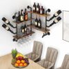 bimiti Industrial Wall Mounted Wine Rack 100 x 75cm 2 Tier Wine Storage Shelf Metal & Wooden Wall Wine Champagne Bottle Holder with 4 Stemware Ra