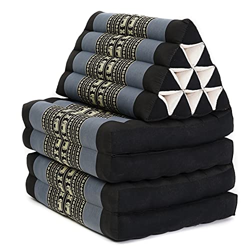 LEEWADEE 4-Fold Mat with Triangle Cushion – Firm TV Pillow, Foldable Mattress with Cushion Made of Eco-Friendly Kapok, 225 x 50 cm, black orange