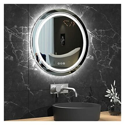 SkiPdr Round Waterproof Illuminated LED Bathroom Mirror Wall Makeup Mirrors with Demister Pad,modern Bathroom Vanity Mirror with Double Lighting