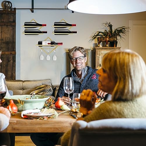 EATHEATY 2 Pack Metal Wall Mounted Wine Holder, Foldable Gold Hanging Wall Wine Rack Storage with Stem Glass Holders, Red Wine Bottle Display Han