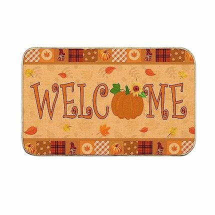 Fall Door Mat, Maple Leaves Welcome Mats Outdoor for Front Door, Autumn Pumpkins Non Slip Rustic Orange White Plaid Doormat Indoor Entryway Floor