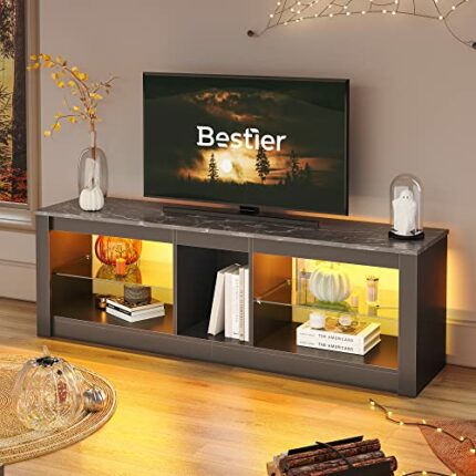 Bestier TV Stand Cabinet 140CM Modern TV Unit with Glass Shelf RGB LED Lighted for 65" TVs TV Entertainment Unit with Ambient Lights for Living R