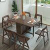 Shykey Folding Table, Drop-Leaf Kitchen Table, Walnut Folding Dining Table and Chairs Set, Rectangular Retractable Home Dining Table Includes 4 C