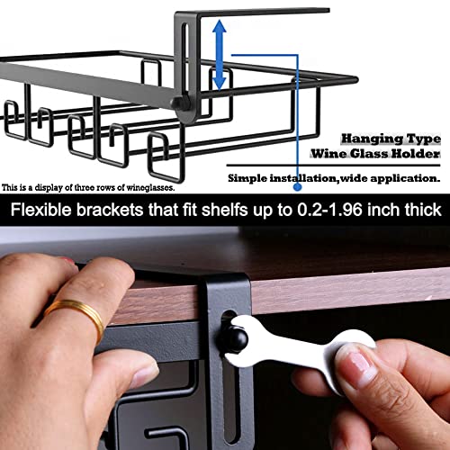 Chinese style wine glass holder.Black.Hanging type 2 row wine glass holder.Stainless steel.No need to drill.Adjustable.Bar,kitchen or study.A sto