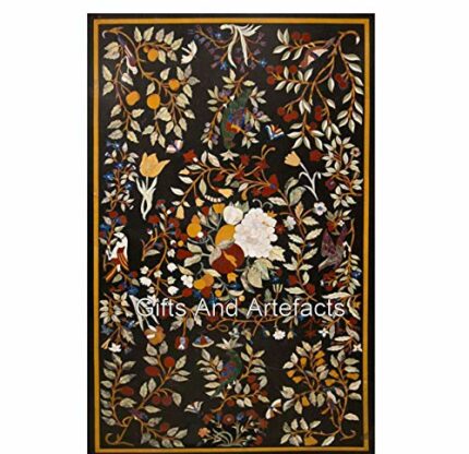 Gifts And Artefacts 36 x 72 Inches Antique Pattern Inlay Work Office Meeting Table Top Rectangle Shape Black Marble Dining Table for Home Furnitu