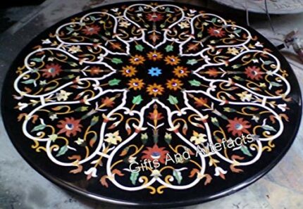 Gifts And Artefacts 42 x 42 Inches Elegant Look Dining Table Top with Marquetry Art Round Shape Black Marble Hallway Table for Hotel Furniture De