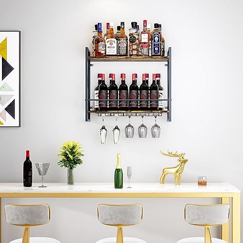 aboxoo Wall Mounted Wine Rack 2 Tier Shelf with 5 Rows Wine Glass Hanging Rack Industrial Rustic Brown Wood&Iron Frame for Dining Room,Wine Displ