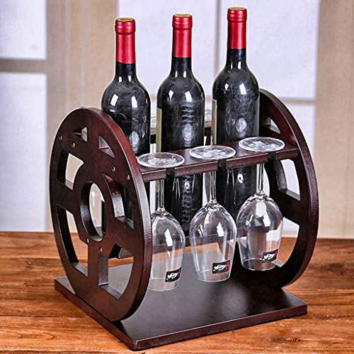 Countertop Style Shape Bamboo Wood Wine Rack - Table Top Wine Bottle Storage Slots for 3 Bottles 3 Wine Glass Rack Hanging Cup Holder -Free Stand
