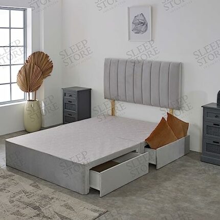 Plush Divan Bed Base With Noni Panel Headboard | Storage Drawers Available (Grey Plush, 4.6FT Double - 2 Drawers Foot End)